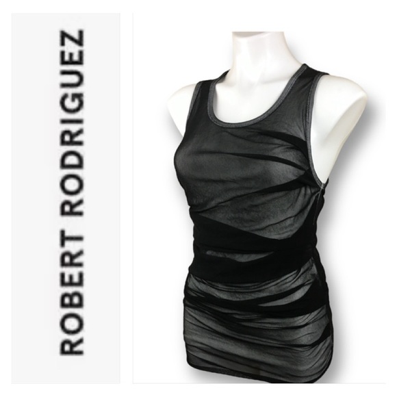Robert Rodriguez For Bergdorf Goodman Black Rushed Mesh Over White Tank Top Sz L - Picture 2 of 8